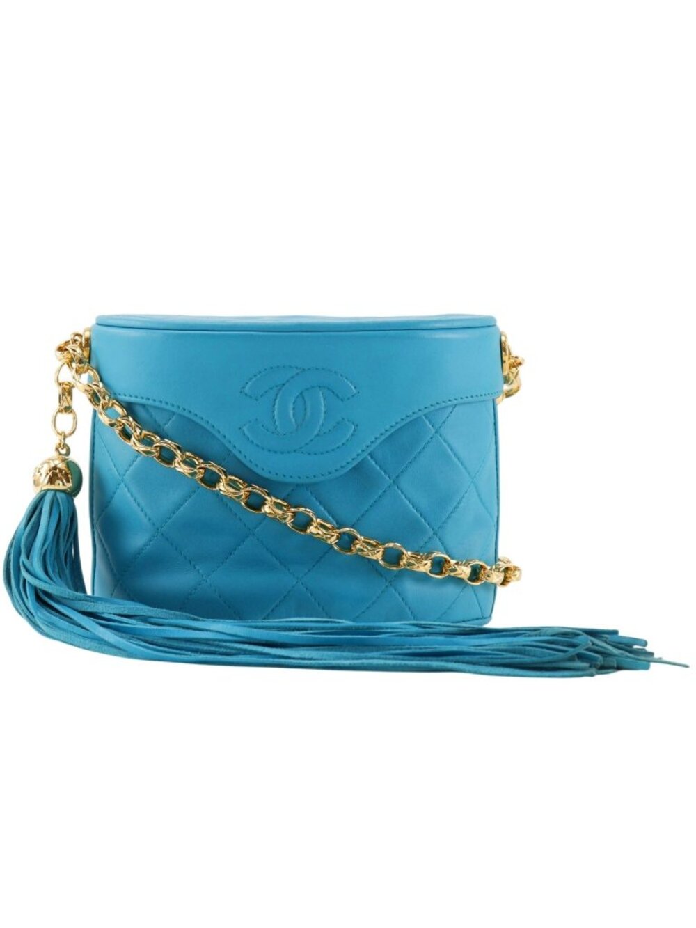 Chanel Mini Chain Shoulder CC Logo Quilted Tassel Lambskin Turquoise Blue Bag